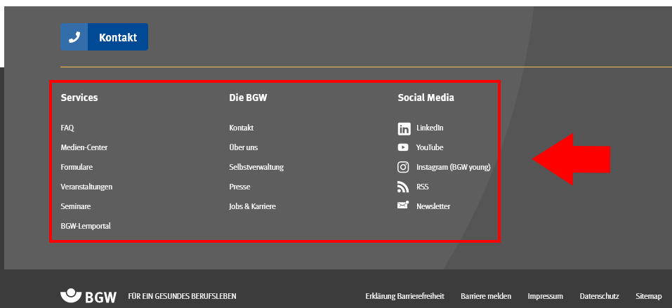 Unterer Teil der Webseite bbw-online.de mit Menüpunkten: Services, Die BGW und Social Media plus Unterpunkten.