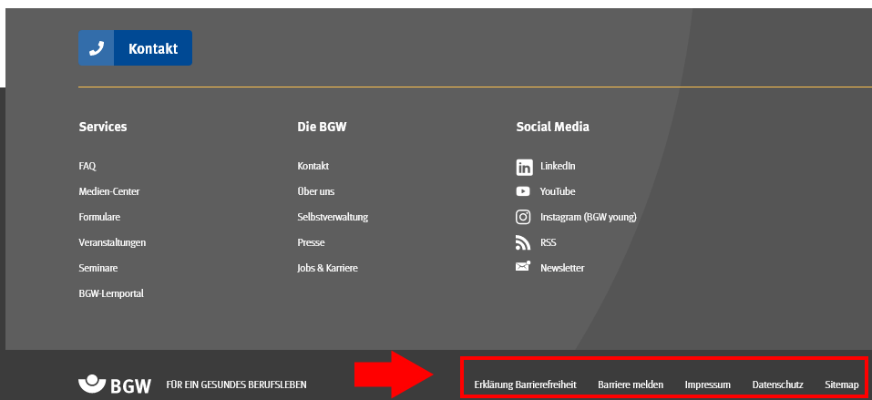 Unterer Teil der Webseite bbw-online.de mit Menüpunkten: Services, Die BGW und Social Media plus Unterpunkten.