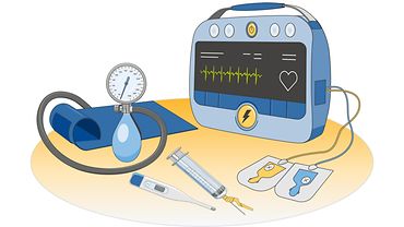 Illustration von Defibrillator, Blutdruckmessgerät, Spritze und Fieberthermometer, die nebeneinander liegen